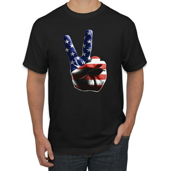 Wild Bobby, American Flag Peace Sign Hand Pop Culture Men's Graphic T-Shirt, Black, Small