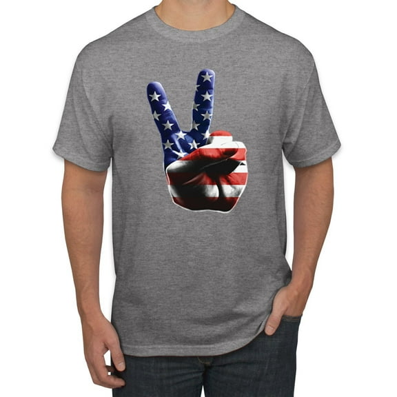 Wild Bobby, American Flag Peace Sign Hand Pop Culture Men's Graphic T-Shirt, Heather Grey, Large