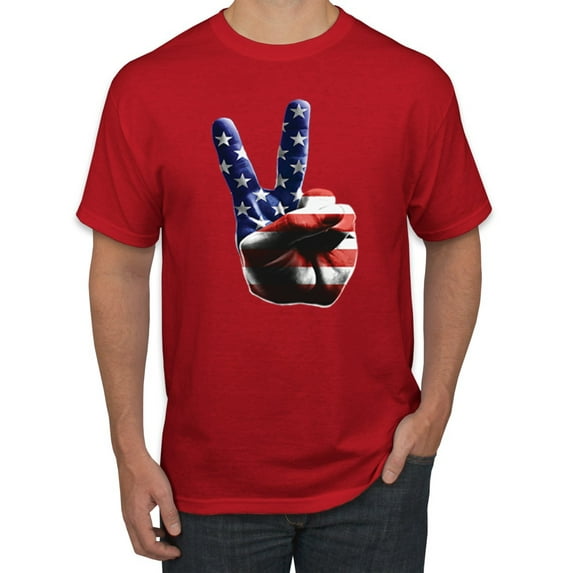 Wild Bobby, American Flag Peace Sign Hand Pop Culture Men's Graphic T-Shirt, Red, 2XL