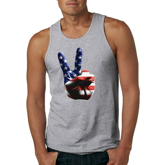 Wild Bobby, American Flag Peace Sign Hand Pop Culture Mens Graphic Tank Top, Heather Grey, Medium