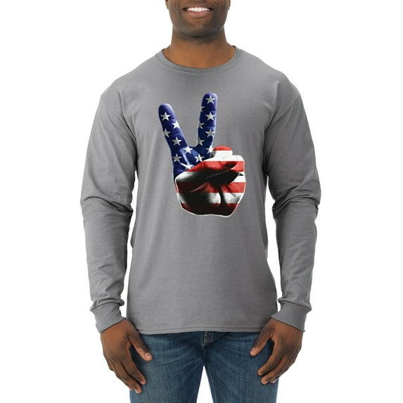 Wild Bobby, American Flag Peace Sign Hand Pop Culture Mens Long Sleeve Shirt, Heather Grey, 2XL