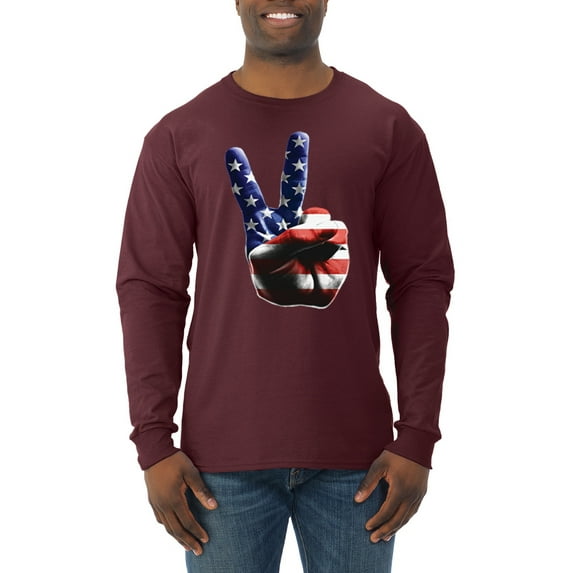 Wild Bobby, American Flag Peace Sign Hand Pop Culture Mens Long Sleeve Shirt, Maroon, Large