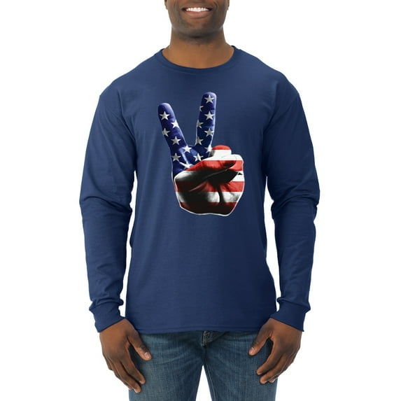 Wild Bobby, American Flag Peace Sign Hand Pop Culture Mens Long Sleeve Shirt, Navy, 2XL