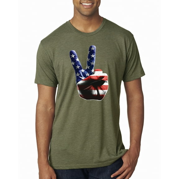 Wild Bobby, American Flag Peace Sign Hand Pop Culture Mens Premium Tri Blend T-Shirt, Military Green, 2XL