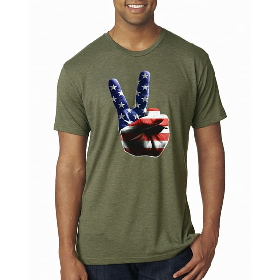 Wild Bobby, American Flag Peace Sign Hand Pop Culture Mens Premium Tri Blend T-Shirt, Military Green, Large