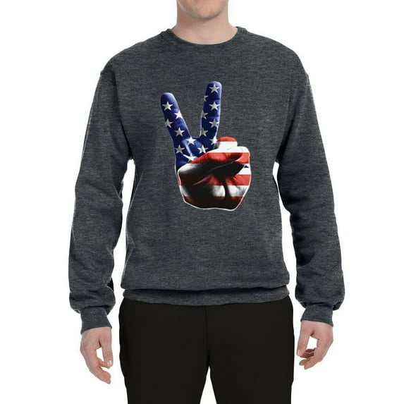 Wild Bobby, American Flag Peace Sign Hand Pop Culture Unisex Crewneck Graphic Sweatshirt, Charcoal, Large