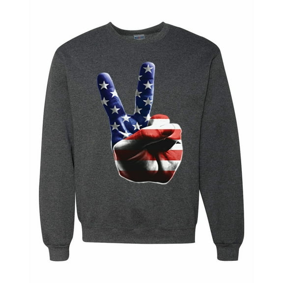 Wild Bobby, American Flag Peace Sign Hand Pop Culture Unisex Crewneck Graphic Sweatshirt, Heather Black, 3XL