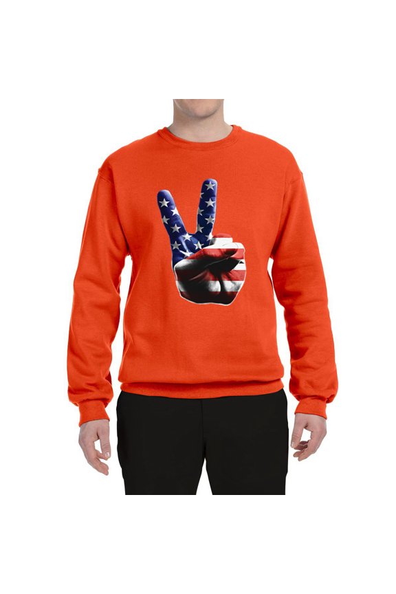 , American Flag Peace Sign Hand Pop Culture Unisex Crewneck Graphic Sweatshirt, Orange, Large