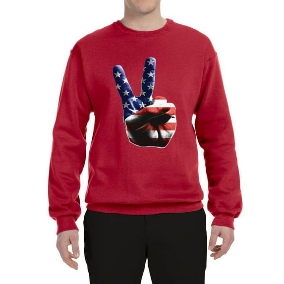 Wild Bobby, American Flag Peace Sign Hand Pop Culture Unisex Crewneck Graphic Sweatshirt, Red, Medium