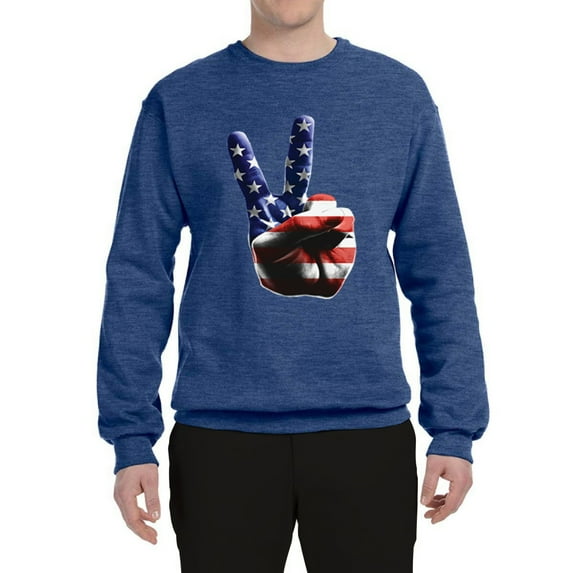 Wild Bobby, American Flag Peace Sign Hand Pop Culture Unisex Crewneck Graphic Sweatshirt, Vintage Heather Blue, Large