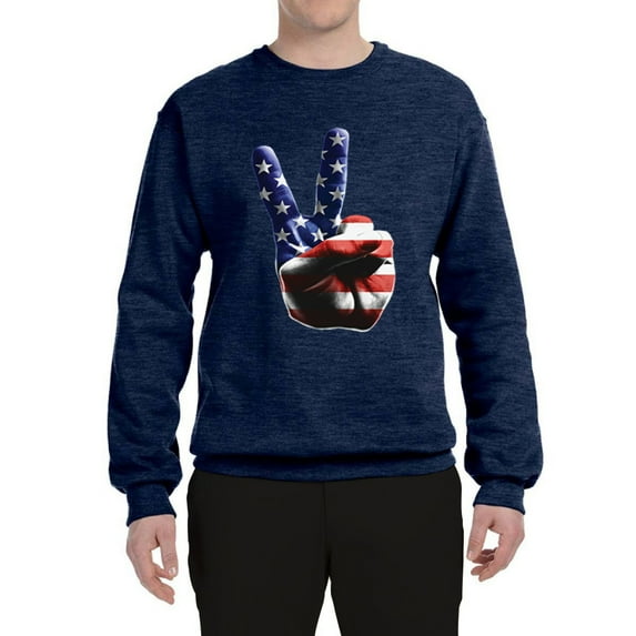 Wild Bobby, American Flag Peace Sign Hand Pop Culture Unisex Crewneck Graphic Sweatshirt, Vintage Heather Navy, Large
