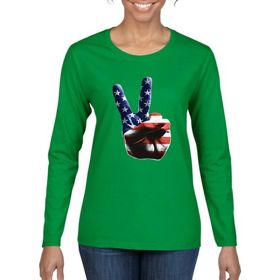 Wild Bobby, American Flag Peace Sign Hand Pop Culture Womens Graphic Long Sleeve T-Shirt, Kelly, Medium