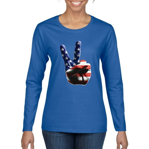 Wild Bobby, American Flag Peace Sign Hand Pop Culture Womens Graphic Long Sleeve T-Shirt, Royal, X-Large