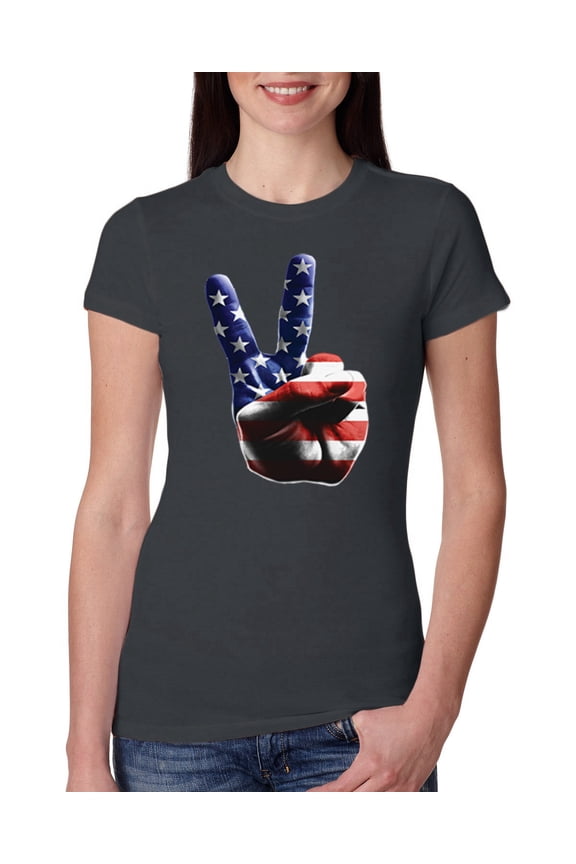 , American Flag Peace Sign Hand Pop Culture Womens Slim Fit Junior Tee, Dark Grey, X-Large