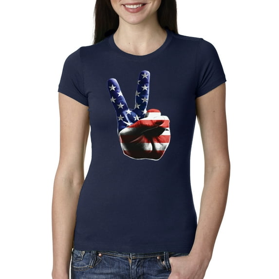 Wild Bobby, American Flag Peace Sign Hand Pop Culture Womens Slim Fit Junior Tee, Navy, 2XL
