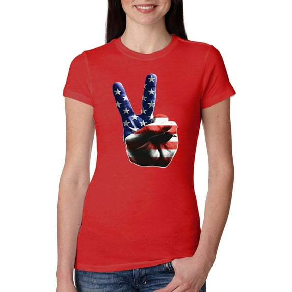 Wild Bobby, American Flag Peace Sign Hand Pop Culture Womens Slim Fit Junior Tee, Red, X-Large