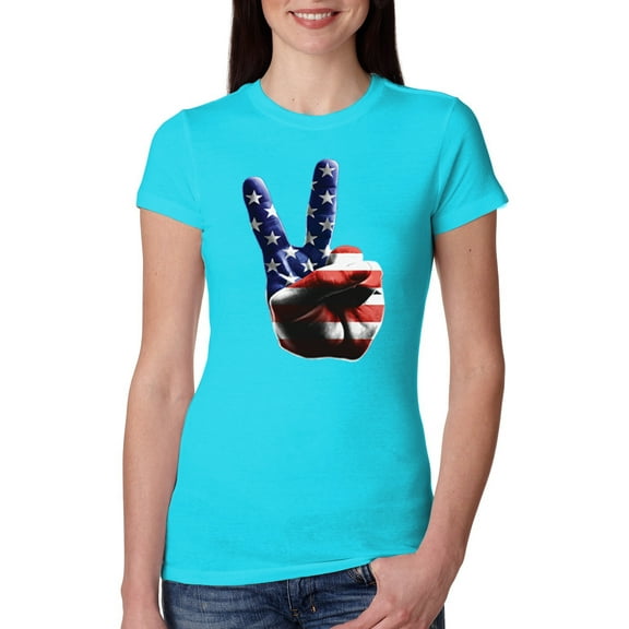 Wild Bobby, American Flag Peace Sign Hand Pop Culture Womens Slim Fit Junior Tee, Tahiti Blue, Large