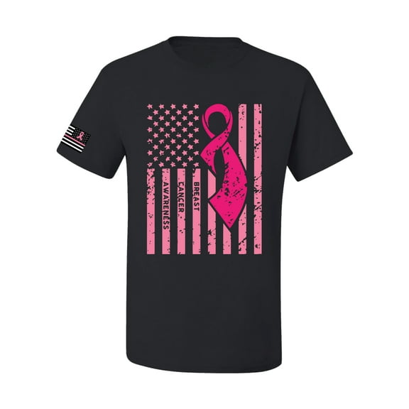 Wild Bobby, American Flag USA Flag Sleeve Breast Cancer Awareness Unisex Tee, Black, X-Large