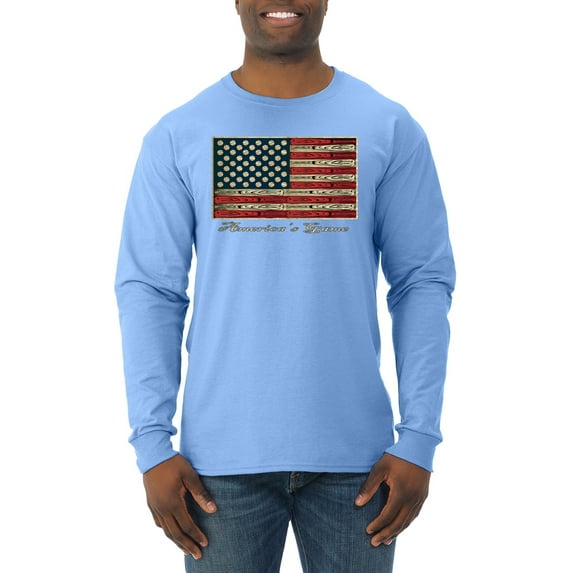 Wild Bobby, American Game Flag Baseball Bat Ball, Sports, Men Long Sleeve Shirt, Light Blue, Large