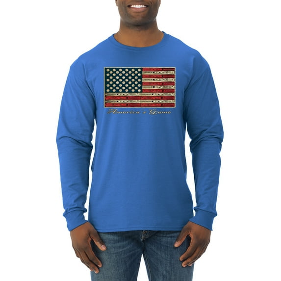 Wild Bobby, American Game Flag Baseball Bat Ball, Sports, Men Long Sleeve Shirt, Royal, Small