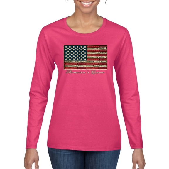 Wild Bobby, American Game Flag Baseball Bat Ball, Sports, Women Graphic Long Sleeve Tee, Fuschia, Medium