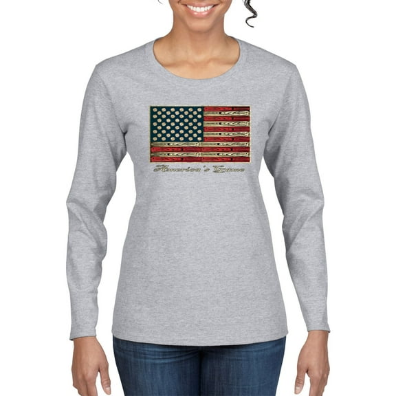 Wild Bobby, American Game Flag Baseball Bat Ball, Sports, Women Graphic Long Sleeve Tee, Heather Grey, Small
