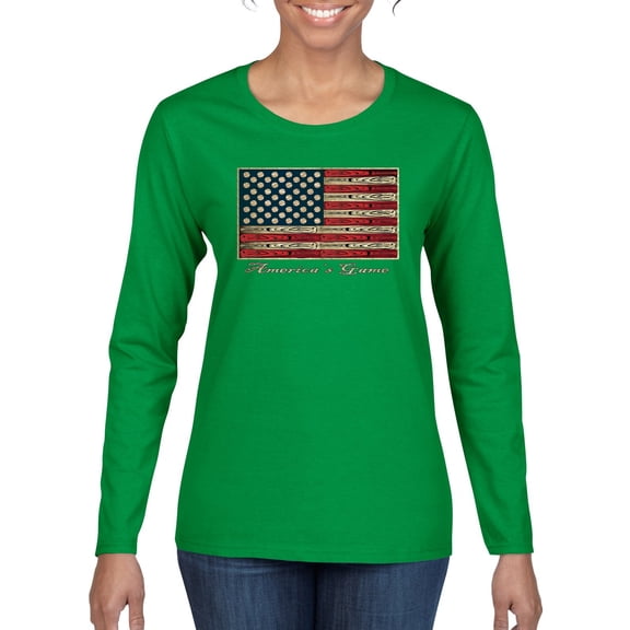 Wild Bobby, American Game Flag Baseball Bat Ball, Sports, Women Graphic Long Sleeve Tee, Kelly, Medium