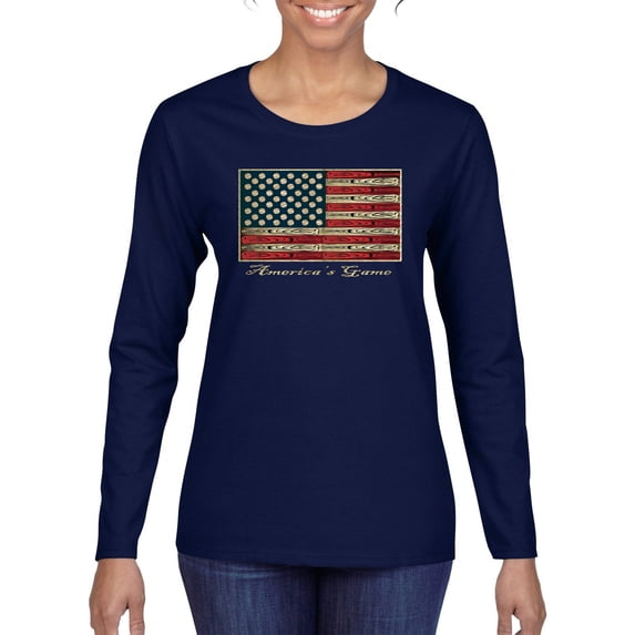 Wild Bobby, American Game Flag Baseball Bat Ball, Sports, Women Graphic Long Sleeve Tee, Navy, Medium
