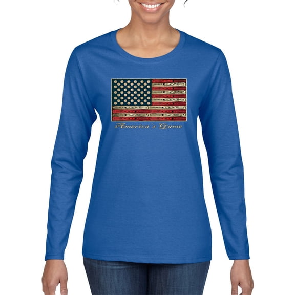 Wild Bobby, American Game Flag Baseball Bat Ball, Sports, Women Graphic Long Sleeve Tee, Royal, Medium
