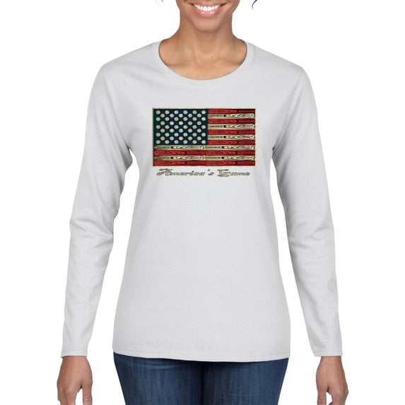 Wild Bobby, American Game Flag Baseball Bat Ball, Sports, Women Graphic Long Sleeve Tee, White, X-Large