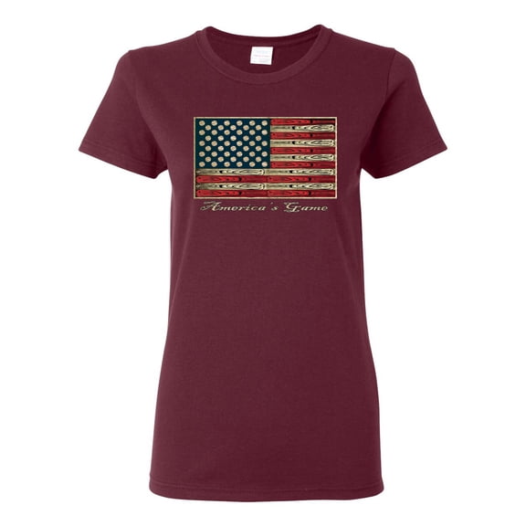 Wild Bobby, American Game Flag Baseball Bat Ball, Sports, Women Graphic Tee, Maroon, Large