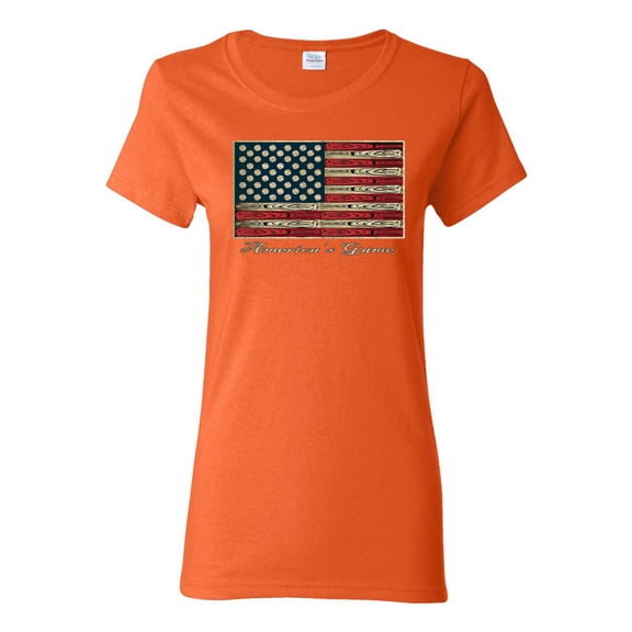 Wild Bobby, American Game Flag Baseball Bat Ball, Sports, Women Graphic Tee, Orange, Small