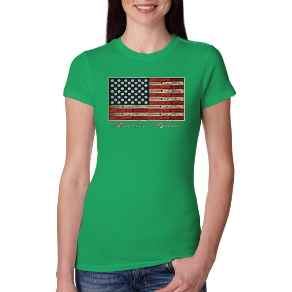 Wild Bobby, American Game Flag Baseball Bat Ball, Sports, Women Slim Fit Junior Tee, Kelly, Large