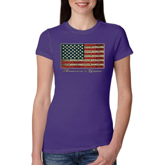 Wild Bobby, American Game Flag Baseball Bat Ball, Sports, Women Slim Fit Junior Tee, Purple Rush, Small