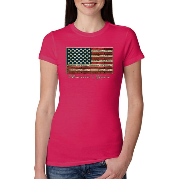 Wild Bobby, American Game Flag Baseball Bat Ball, Sports, Women Slim Fit Junior Tee, Raspberry, Large