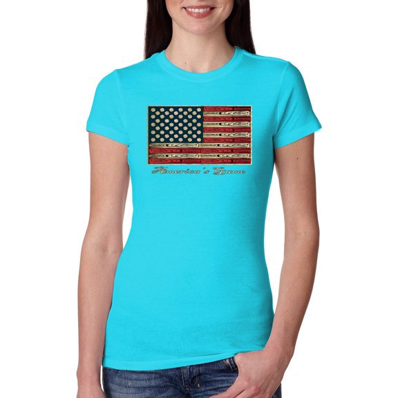 Wild Bobby, American Game Flag Baseball Bat Ball, Sports, Women Slim Fit Junior Tee, Tahiti Blue, Large