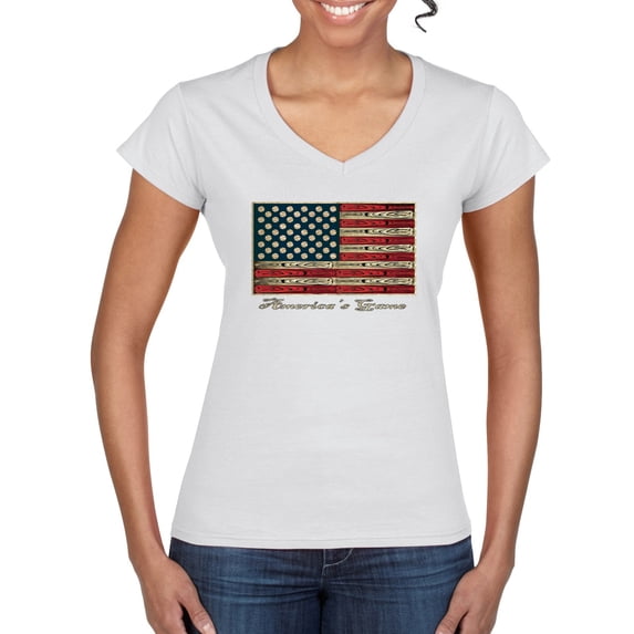 Wild Bobby, American Game Flag Baseball Bat Ball, Sports, Women Standard V-Neck Tee, White, Small
