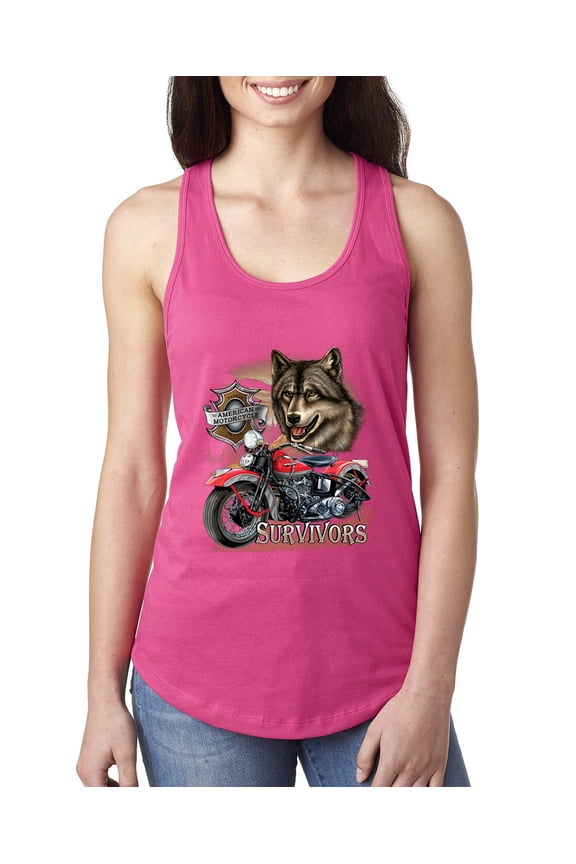 , American Motorcycle Wolves Survivors Made in the USA | Womens Fashion Jersey Racerback Tank Top, Raspberry, Large