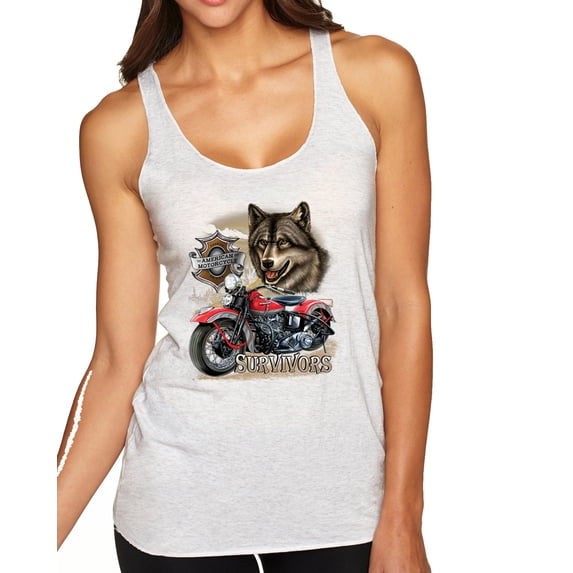 Wild Bobby, American Motorcycle Wolves Survivors Made in the USA | Womens Fashion Premium Tri-Blend Racerback Tank Top, Heather White, Large