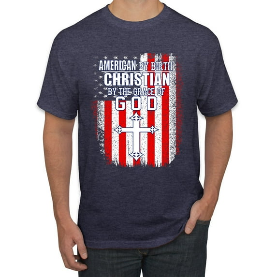 Wild Bobby, American by Birth Christian by The Grace of GOD Inspirational/Christian Men Graphic Tee, Vintage Heather Navy, Large