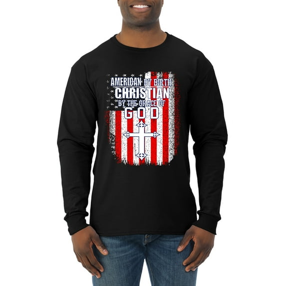 Wild Bobby, American by Birth Christian by The Grace of GOD Inspirational/Christian Men Long Sleeve Shirt, Black, XX-Large