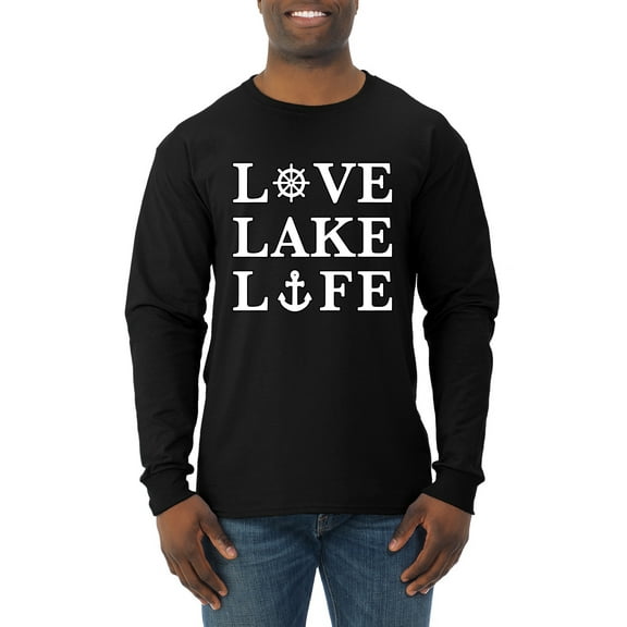 Wild Bobby, Anchor Wheels Love Lake Life, Men Long Sleeve Shirt, Black, Small
