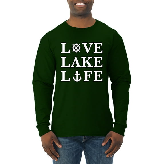 Wild Bobby, Anchor Wheels Love Lake Life, Men Long Sleeve Shirt, Forest Green, 3X-Large