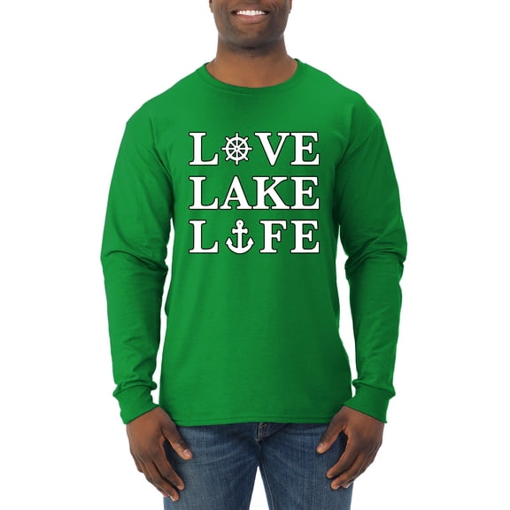 Wild Bobby, Anchor Wheels Love Lake Life, Men Long Sleeve Shirt, Kelly, Medium