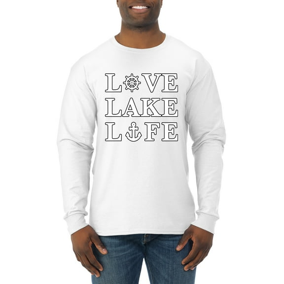 Wild Bobby, Anchor Wheels Love Lake Life, Men Long Sleeve Shirt, White, X-Large