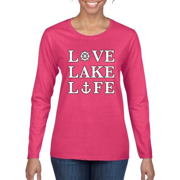 Wild Bobby, Anchor Wheels Love Lake Life, Women Graphic Long Sleeve Tee, Fuschia, Small