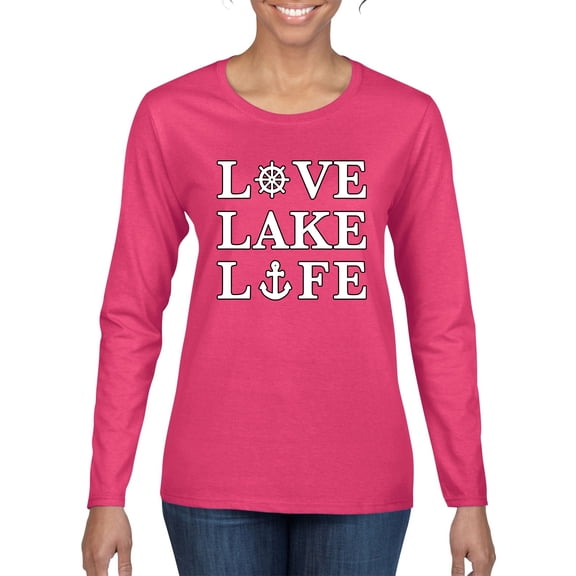 Wild Bobby, Anchor Wheels Love Lake Life, Women Graphic Long Sleeve Tee, Fuschia, X-Large