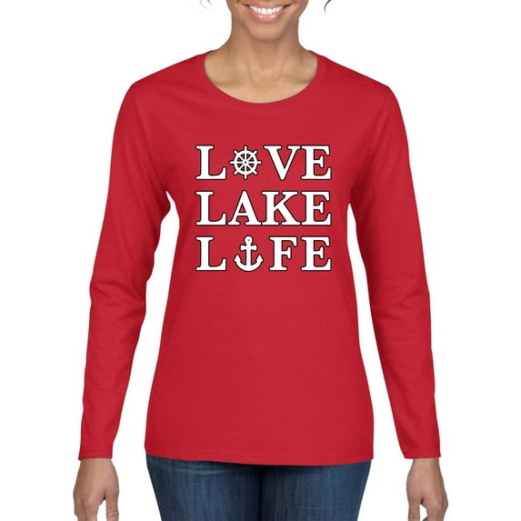 Wild Bobby, Anchor Wheels Love Lake Life, Women Graphic Long Sleeve Tee, Red, X-Large