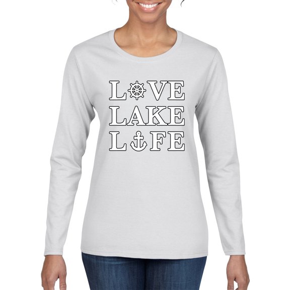 Wild Bobby, Anchor Wheels Love Lake Life, Women Graphic Long Sleeve Tee, White, Large