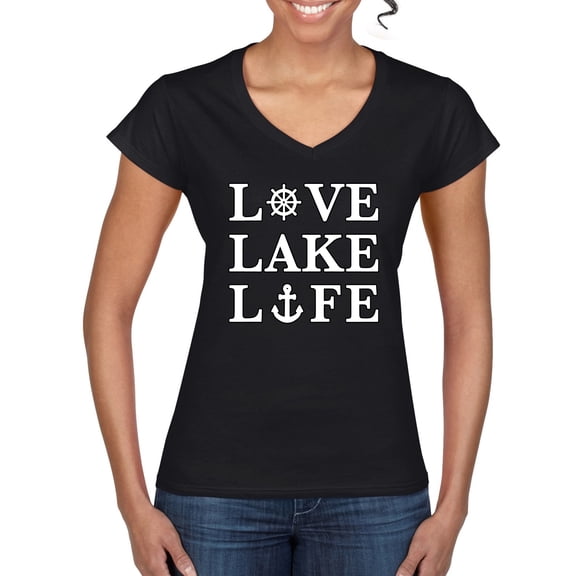 Wild Bobby, Anchor Wheels Love Lake Life, Women Standard V-Neck Tee, Black, Small